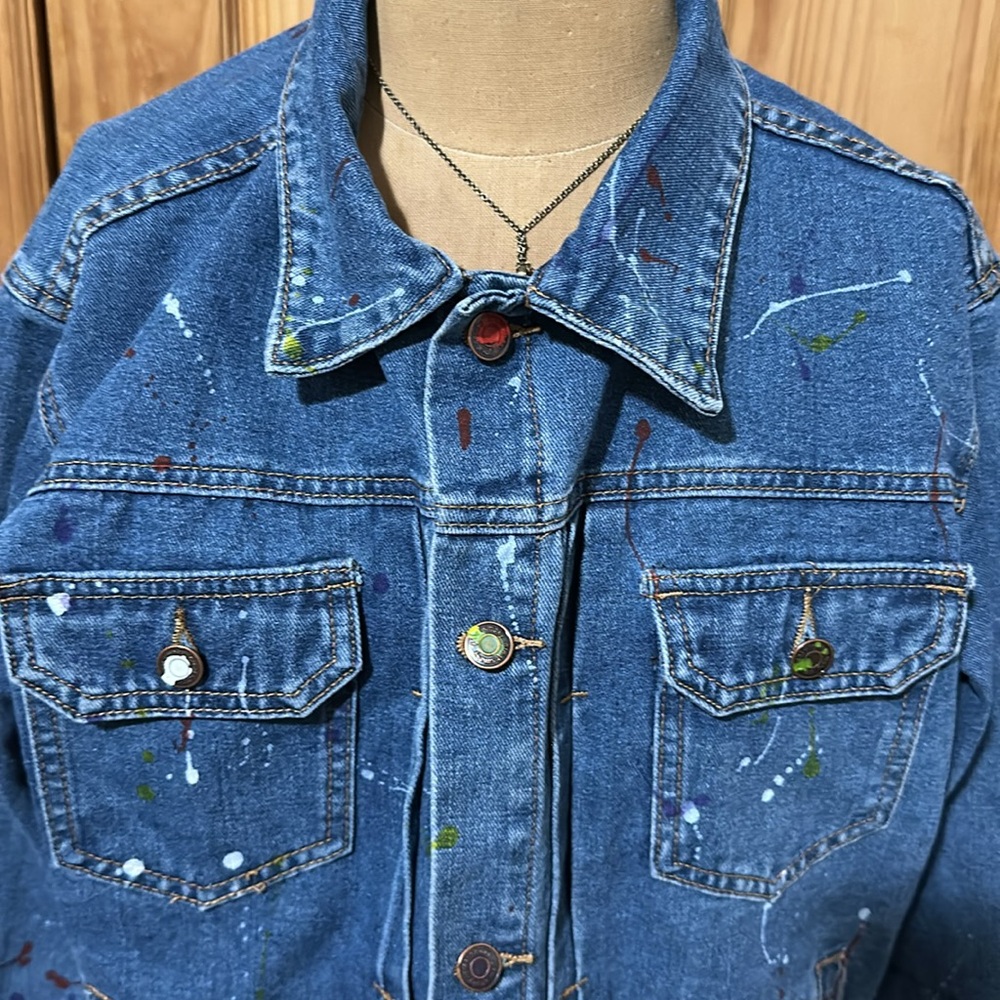 Denim Paint Splatter Button Down Jacket Large New - image 3